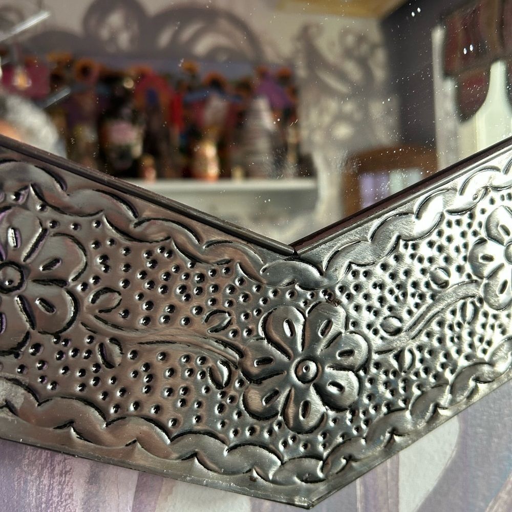 Vintage Mexican Tin Mirror Handcrafted - Hammered Hexagon